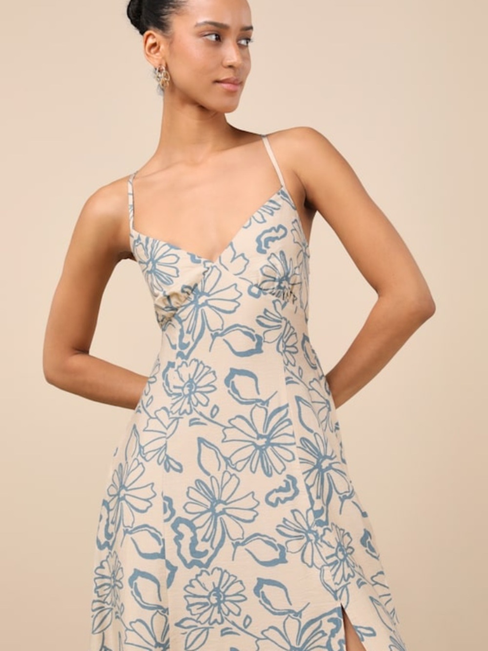Lulus Angelika Beige Floral Sleeveless Midi Dress - Size L
